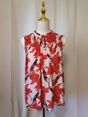 Kenar Orange And Cream Lily/Floral Sleeveless Blouse